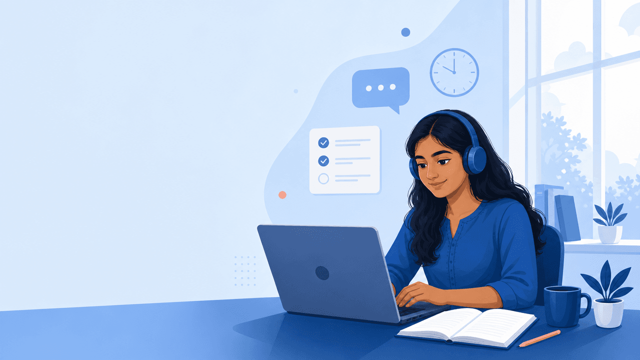 Illustration of a learner wearing headphones, practising on a laptop with a notebook beside them